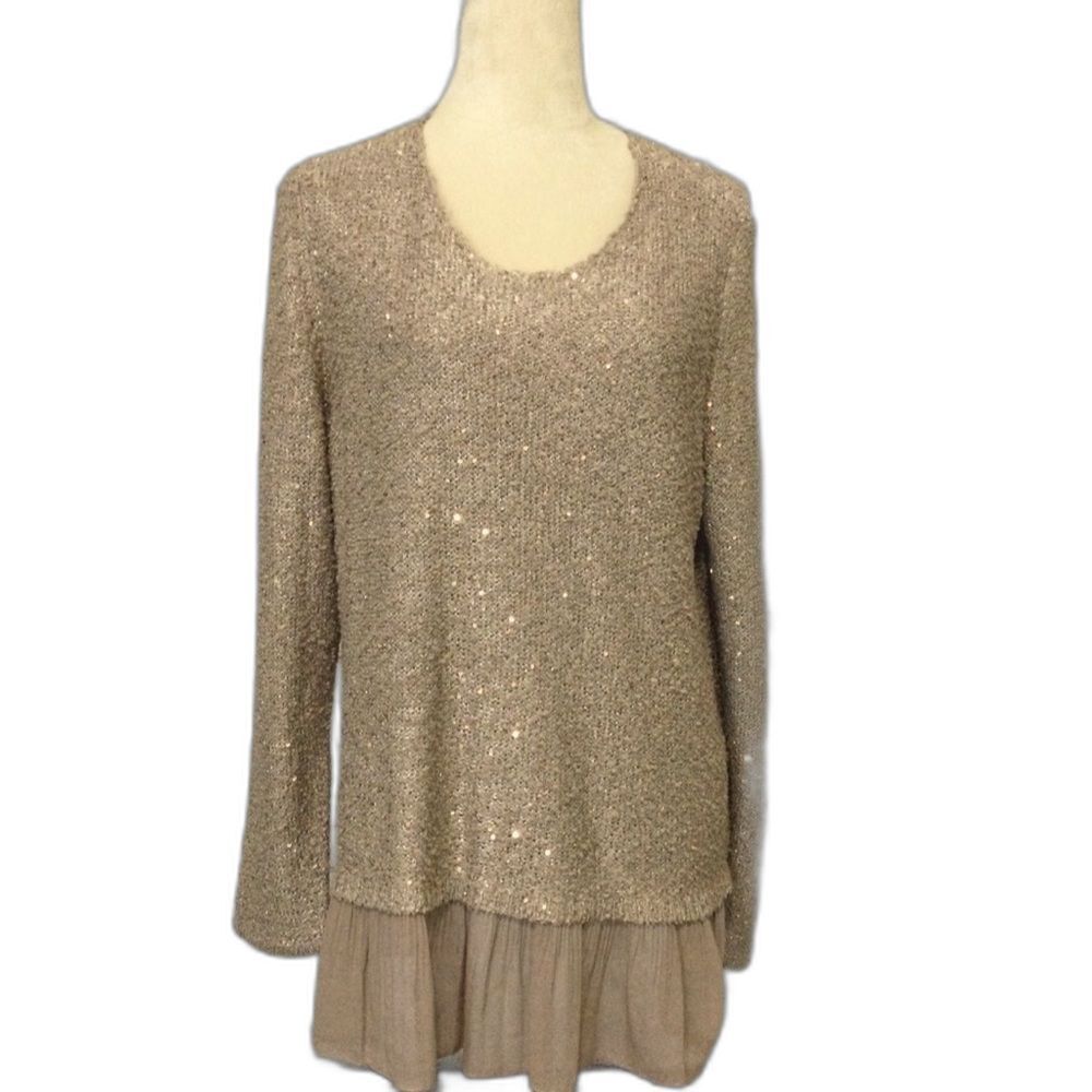 Alfani Sweater Women’s Size XL Color Tan Silver Brown with Rose Gold Sequences